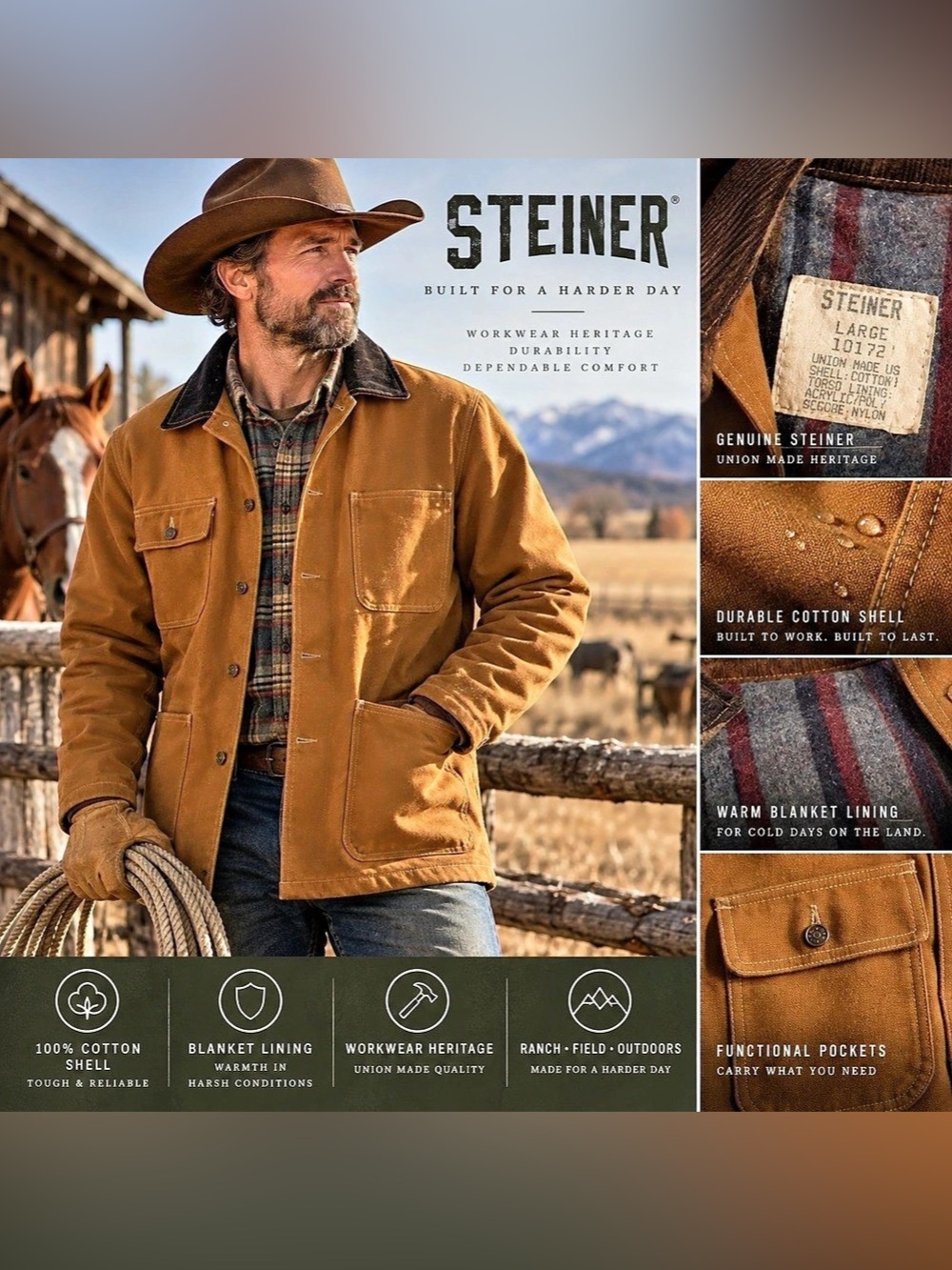 Steiner Thermal-Tuff Duck Chore Coat Brown & Blue Large